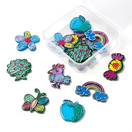 Arricraft 14Pcs 7 Styles Transparent Acrylic Pendants, Graffiti Art, 3D Printed, Flower & Candy & Apple & Fruit Tree & Butterfly & Rooster/Cock & Rainbow, Mixed Color, 2pcs/style