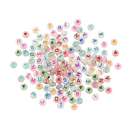 Honeyhandy 160Pcs 2 Style Luminous Acrylic Beads, Flat Round with Letter & Heart, Mixed Color, 7x3.5~4mm, hole: 1.2mm