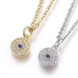 Honeyhandy 304 Stainless Steel Pendant Necklaces, with Cubic Zirconia, Flat Round with Eye, Clear, Mixed Color, 17.6 inch(45cm), Pendant: 10x8x1.5mm