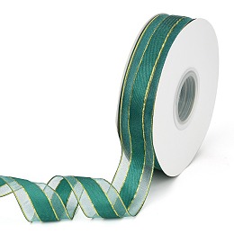 Honeyhandy Solid Color Organza Ribbons, Golden Wired Edge Ribbon, for Party Decoration, Gift Packing, Dark Green, 1"(25mm), about 50yard/roll(45.72m/roll)