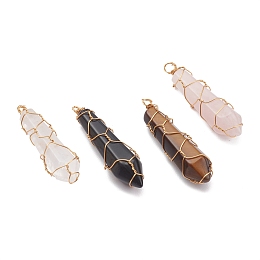 Honeyhandy Natural Mixed Gemstone Pendants, with Golden Copper Wire Findings Wrapped, Bullet, 35~39x9.5x8.5mm, Hole: 2mm