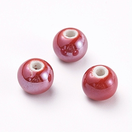 Honeyhandy Handmade Porcelain Beads, Pearlized, Round, Red, 10mm, Hole: 2~3mm