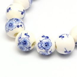 Honeyhandy Handmade Flower Printed Porcelain Ceramic Beads Strands, Round, Royal Blue, 10mm, Hole: 2mm, about 35pcs/strand, 13.5 inch