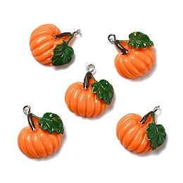 Honeyhandy Autumn Theme Opaque Resin Pendants, with Platinum Tone Iron Loops, Pumpkin, Orange, 24x22x6mm, Hole: 2mm