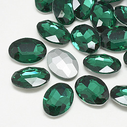 Honeyhandy Pointed Back Glass Rhinestone Cabochons, Back Plated, Faceted, Oval, Med.Emerald, 14x10x4.5mm