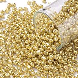 Honeyhandy 8/0 Glass Seed Beads, Metallic Colours Style, Round, Gold, 8/0, 3mm, Hole: 1mm, about 10000pcs/pound