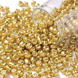 Honeyhandy 6/0 Glass Seed Beads, Metallic Colours Style, Round, Gold, 6/0, 4mm, Hole: 1.5mm, about 4500pcs/pound