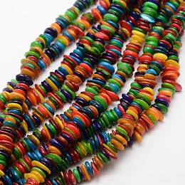 Honeyhandy Dyed Disc Natural Freshwater Shell Beads Strands, Shell Shards, Colorful, 7~13x2~3mm, Hole: 1mm, about 29.9 inch