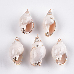 Honeyhandy Electroplate Spiral Shell Pendants, with Iron Findings, Light Gold, Seashell Color, 31~35x16~20x14~17mm, Hole: 1.5mm