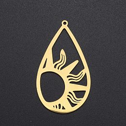 Honeyhandy 201 Stainless Steel Pendants, Laser Cut, Teardrop with Sun, Golden, 45x25.5x1mm, Hole: 1.4mm