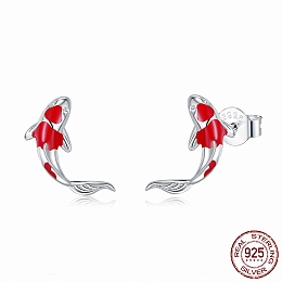 Honeyhandy Rhodium Plated 925 Sterling Silver Stud Earrings, with Cubic Zirconia and Ear Nuts, Koi, Platinum, 12x12mm