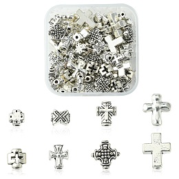 80Pcs 8 Style Tibetan Style Alloy Beads, Cross, Antique Silver, 8~14x6.5~12x3~5mm, Hole: 1.5~2mm, 10pcs/style