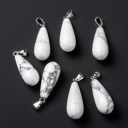 Honeyhandy Natural Howlite Pendants, with Platinum Brass Findings, Teardrop, 26.5~29x10mm, Hole: 2.5~3.5x4~6mm