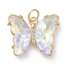 Honeyhandy Brass Micro Pave Clear Cubic Zirconia Pendant, with Glass, Butterfly, Golden, Clear AB, 18mm