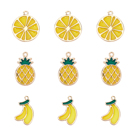 Alloy Pendants, with Epoxy Resin, Banana/Pineapple/Orange, Golden, Gold, 27.5x16.5x1.5mm, Hole: 2mm, 3 Shapes,10pcs/Shape, 30pcs/box