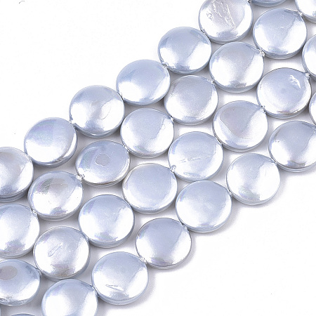 ARRICRAFT Natural Shell Pearl Beads Strands, Spray Painted, Flat Round, Silver, 10.5x3.5mm, Hole: 0.8mm, about 34 pcs/Strand, 14.17 inches(36 cm)
