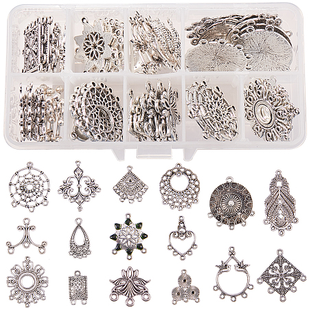 SUNNYCLUE Tibetan Style Alloy Chandelier Components Links, Mixed Shapes, Antique Silver, 13.5x7x3cm; 64pcs/box