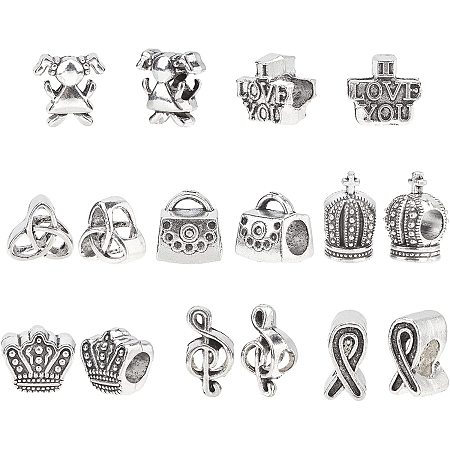 SUPERFINDINGS Tibetan Style Alloy European Beads, Large Hole Beads, Lead Free, Mixed Shapes, Antique Silver, 160pcs/box