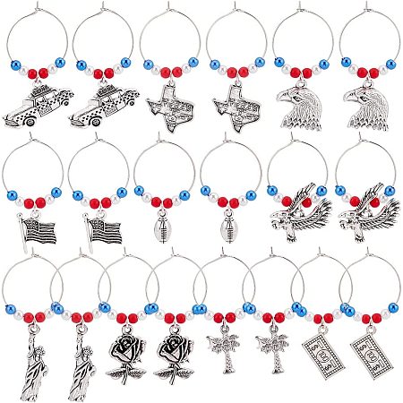 BENECREAT 20Pcs 10 Styles Antique Silver Wine Glass Charms, National Flag Dollar Bills Eagle Alloy Pendant with 3 Colors Pearl Glass Markers for Wine Tasting Party Decoration