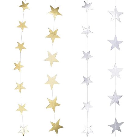 Arricraft 4 Strands 2 Colors Star Streamers Banner Garland, Paper Patriotic Twinkle Stars Garlands Hangings Decorations, Golden and Silver