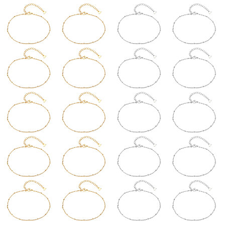 Unicraftale 20Pcs 2 Colors 304 Stainless Steel Cable Chain, Satellite Chain Anklets, with Rondelle Beads and Lobster Claw Clasps, Golden & Stainless Steel Color, 8-1/8 inch(20.5cm), 10pcs/color