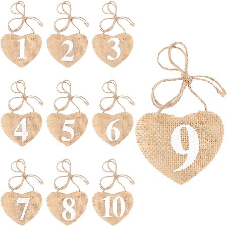 AHANDMAKER 10 Pcs Burlap Table Number Tags, Heart Shape Wedding 1-10 Table Numbers Signs Vintage Rustic Wine Hanging Card Banner with Ropes for Wedding Home Decoration Party Valentines Day Gift