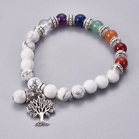 Honeyhandy Chakra Jewelry, Natural Howlite Bracelets, with Metal Tree Pendants, 50mm