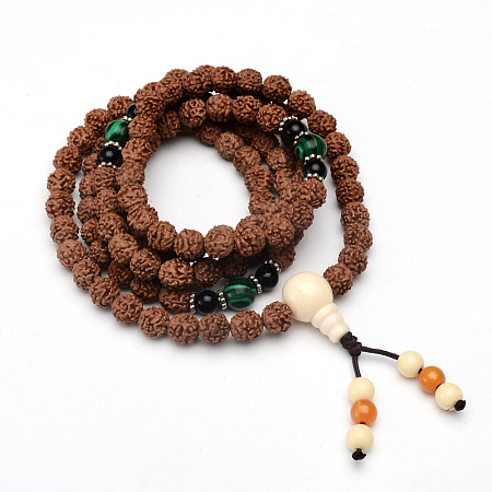 Honeyhandy 5-Loop Wrap Style Buddhist Jewelry, Rudraksha Mala Bead Bracelets/Necklaces, with 3-Hole Guru Beads(Random Color and Style), Tan, 35-1/2 inch(90cm), Bead: 8~10mm
