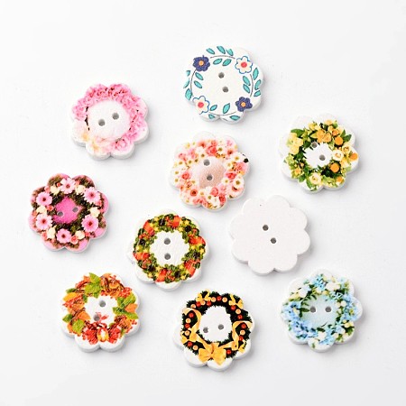 Honeyhandy Flower 2-Hole Wooden Buttons, Mixed Color, 19x3mm, Hole: 1mm