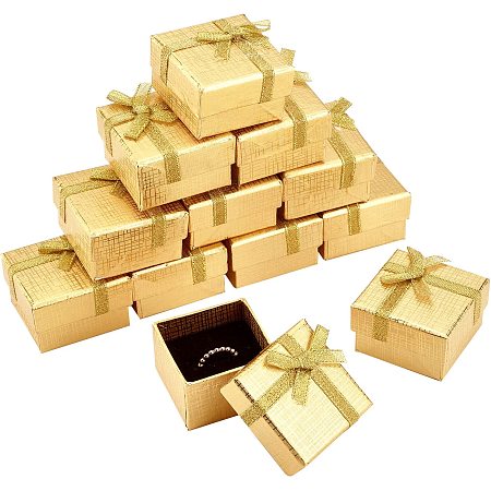 PandaHall Elite 12pcs Jewelry Gift Box, Square Cardboard Jewelry Case Golden Small Ring Earring Necklace Gift Package with Sponge Bowknot for Wedding Proposal Birthday Anniversary, 1.9x1.9x1.2
