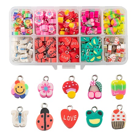 Arricraft 200Pcs 10 Style Handmade Polymer Clay Pendants, with Platinum Tone Iron Findings, Flower with Smile & Mushroom & Cherry & Butterfly & Ladybug & Heart with Love & Frog & Ice Cream & Flower, Mixed Color, 12~17x8~14.5x3~5mm, Hole: 1.8mm, 20pcs/style