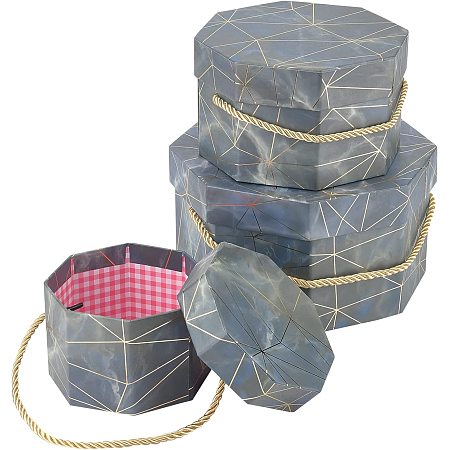 BENECREAT 3 Assorted Sizes Navy Blue Octagon Boxes Cardboard Gift Boxes with Portable Rope, Festival Gift Wrapping Boxes for Wedding Party Favors Packaging