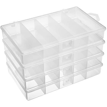 BENECREAT 4 Pack 7.5x4.5x1.5 Inches Large Clear Plastic Storage Containers Boxes 5-Grids with Labels for Beading Jewelry Findings, Fishing Lure Tool