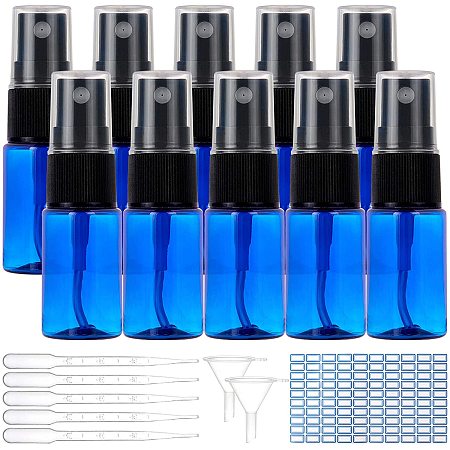 BENECREAT 24 Pack 10ml Mini Blue Plastic Spray Bottle Fine Mist Spray Bottle with Funnel Hopper, Dropper and Label Paster for Essential Oil Perfume and Lotion Liquid