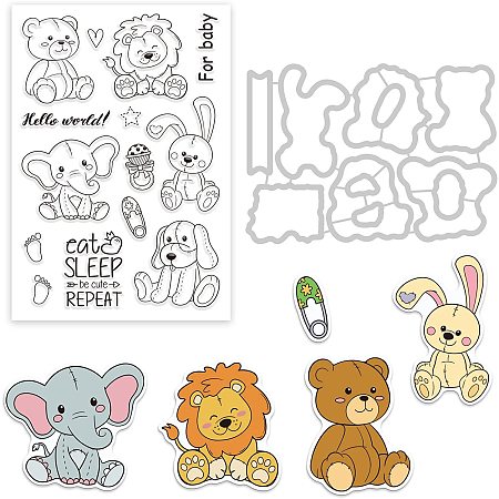 GLOBLELAND 1Set Baby Doll Cut Dies and Clear Stamp Set Bunny and Bear Embossing Template Mould and Silicone Stamp for Card Scrapbook Card DIY Craft