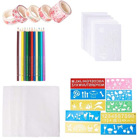 NBEADS 1 Set Plastic Drawing Painting Stencils Templates, Assorted 5 Rolls Decorative Adhesive Tapes, 1 Box Color Pencils and 5 PCS Tracing Papers for Kids Colorful Drawing Scale Template DIY Crafts