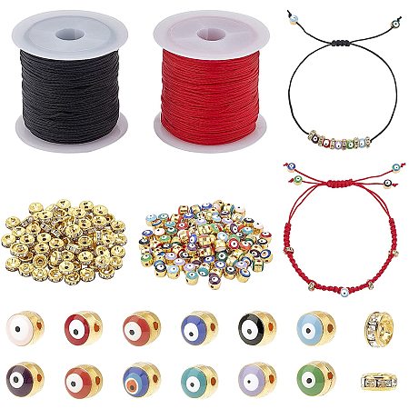 PandaHall Elite Evil Eyes Bracelets Making Kits - 96pcs 12 Color Golden Enamel Evil Eye Beads, 80pcs Brass Rhinestone Spacer Beads, Black Red Polyester Thread