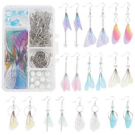 SUNNYCLUE DIY Earring Making Kits, Including Polyester Fabric Dragonfly Wings Crafts Decoration, Glass Beads, Brass Findings, Platinum, Beads: 30pcs