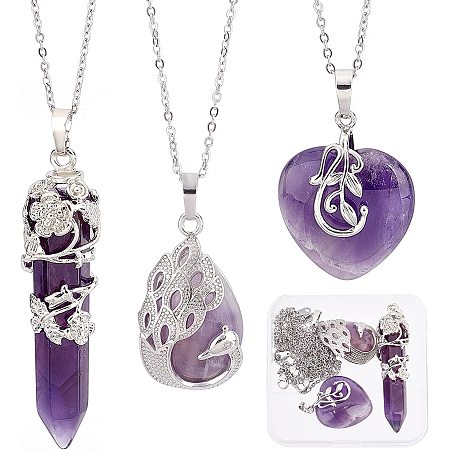 SUNNYCLUE 1 Box 3 Styles Healing Crystal Necklace Set Flower Wrapped Crystal Necklace Stone Point Pendant Natural Amethyst Chakra Crystal Charms for Jewelry Making Charms Heart Gemstone Kit Adult