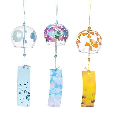 BENECREAT 3Pcs 3 Style Glass Wind Chimes, Flower Pattern Small Wind Bells with Paper Card, Suncatcher for Garden Window Party Hanging Decors, Mixed Color, 385~400mm, 1pc/style