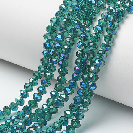 Honeyhandy Electroplate Glass Beads Strands, Half Plated, Blue Plated, Faceted, Rondelle, Dark Cyan, 4x3mm, Hole: 0.4mm, about 123~127pcs/strand, 16.5~16.9 inch(42~43cm)