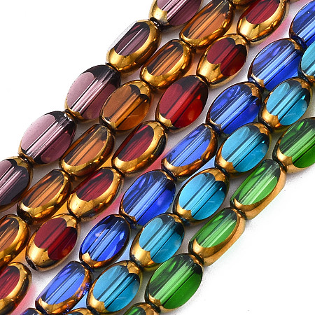 Honeyhandy Electroplate Glass Beads Strands, Edge Plated, Oval, Mixed Color, 7x4.5x4mm, Hole: 0.8mm, about 50pcs/strand, 13.07~13.15 inch(33.2~33.4cm)