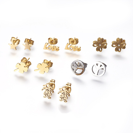 Honeyhandy 304 Stainless Steel Ear Studs, Mixed Shapes, Mixed Color, 5~11x5~11mm, pin: 0.9mm