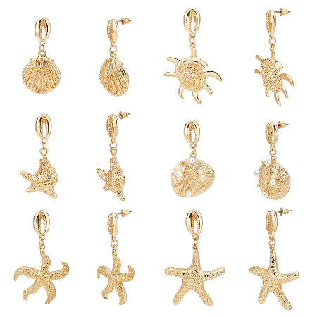 PandaHall Elite 6 Pairs Boho Gold Earrings for Women, 3 Style Starfish Shell Earrings Asymmetric Dangle Stud with Abs Imitation Pearl Beaded for Summer Seaside Halloween Jewelry Making