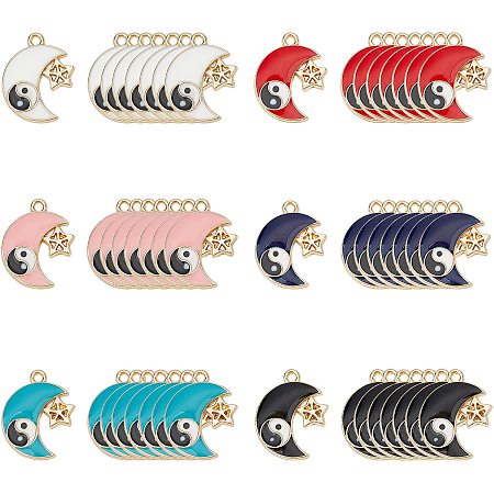 SUPERFINDINGS 48Pcs 6 Colors Tai Chi Bagua Crescent Moon Pendant Moon with Yin Yang Enamel Charms Rack Plating Alloy Pendants for Jewelry Making DIY Craft,Hole:1.5mm