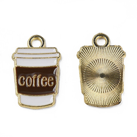 Honeyhandy Alloy Enamel Pendants, Cadmium Free & Lead Free, Light Gold, Coffee Cup with Word, Coconut Brown, 18x11x1mm, Hole: 1.8mm