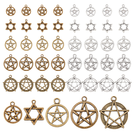 PandaHall Elite 60Pcs 10 Style Tibetan Style Alloy Pendants, Ring with Star & Star of David & Flat Round with Star, Antique Bronze & Antique Silver, 19.5~30x16~27x1.5~2.5mm, Hole: 1.8~3mm, 6pcs/style