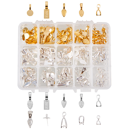 PandaHall Elite 150 Pieces 15 Style Pendant Bails Spoon Glue-on Flat Pad Bails for Earring Bails or Scrabble and Glass Pendants Charms Connector Jewelry (Gold & Silver)