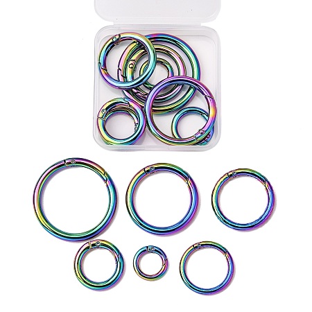 WADORN® 12Pcs 6 Style Rainbow Color Alloy Spring Gate Rings, for Handbag Ornaments Decoration, Cadmium Free & Lead Free, Round Ring, Multi-color, 19.6~47.6x3.8~4.8mm, Hole: 12~38mm, 2pcs/style