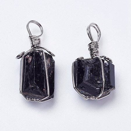 Honeyhandy Natural Black Tourmaline Pendants, Nuggets, with Brass Finding, Platinum, 31~40x15~20mm, Hole: 7mm